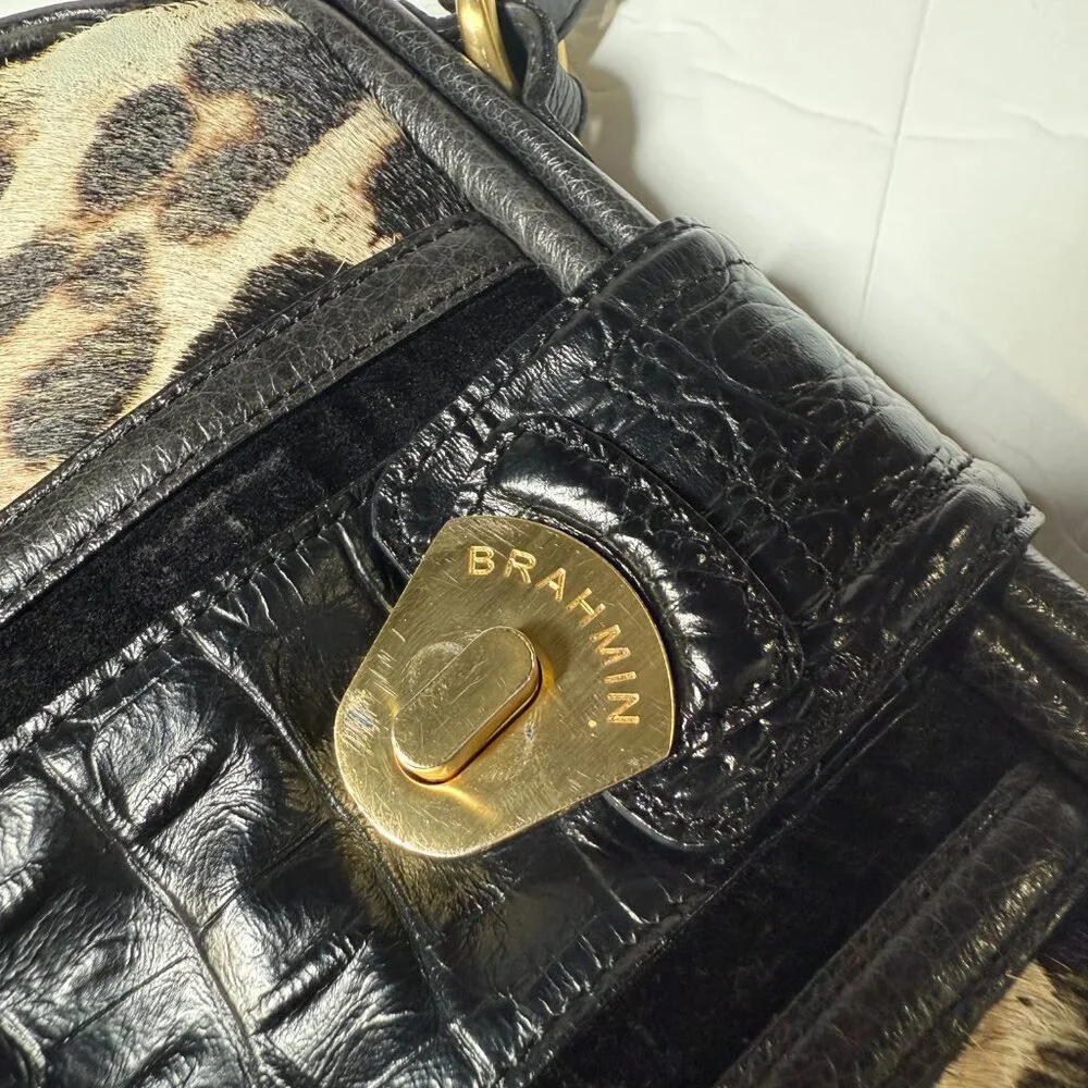 Brahmin Hobo Bag Leopard Print Pony Hair Crocodile Leather Gold Hardware Vintage